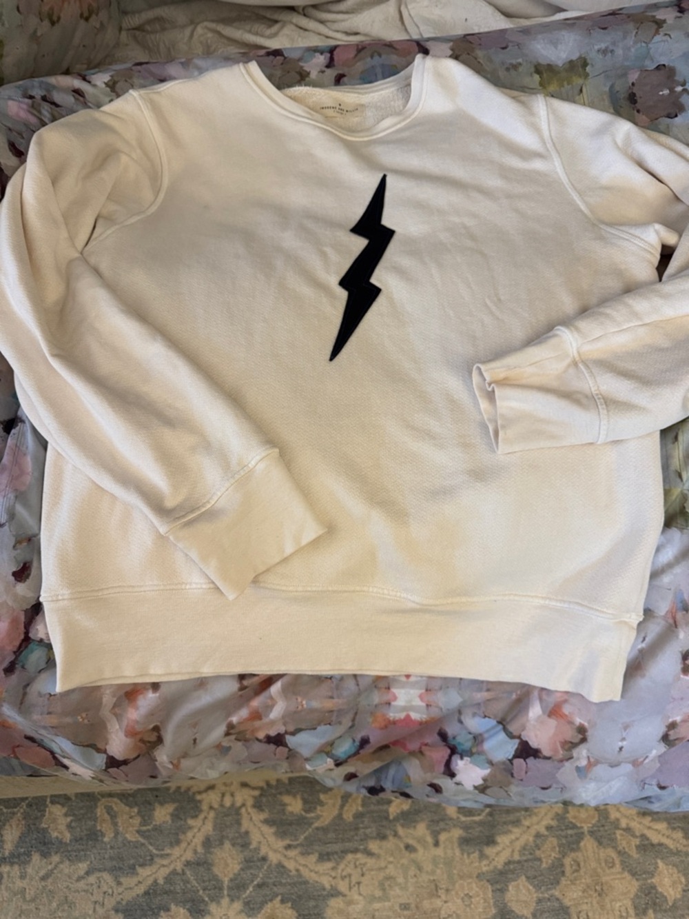 Imogene and Willie White Crewneck Sweatshirt with Black Lightning Bolt
